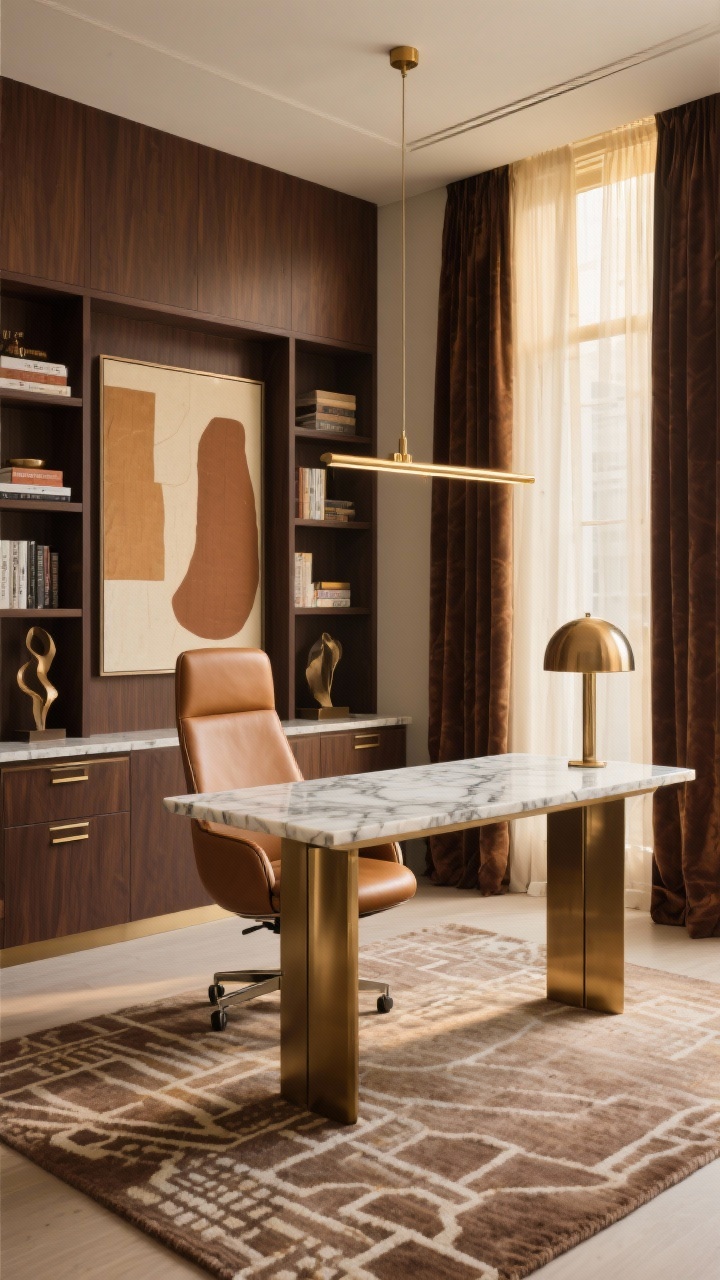 Wide shot, photorealistic, The Mocha Marble Power Suite: a sophisticated executive office with a slab desk of mocha-veined marble on slim bronze legs, camel leather ergonomic executive chair with curved back, dark walnut built-in wall shelves framing design books, a few artful objects, and one standout sculpture; tight palette of coffee, cream, and burnished metal; hand-knotted wool rug with subtle geometric pattern; linear brass pendant centered over the desk and a dome-shaped bronze table lamp; a single oversized abstract canvas in warm neutrals; hidden file drawers within the walnut shelving keeping surfaces clear; window dressed with double-layer drapes—sheer linen for daytime glow plus heavier chocolate velvet panels for drama; warm golden-hour ambiance, no people, ultra-clean styling.