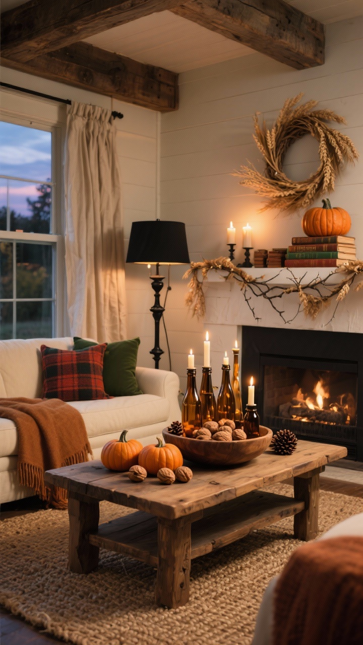 Wide shot, rustic harvest living room at dusk with soft candlelit glow: cream sofa with linen curtains, layered warm caramel throw blankets and plaid pillows in rust and deep forest green; chunky wood coffee table on a woven jute rug holding a cluster of DIY amber glass bottles with beeswax tapers, a low wooden bowl filled with unshelled walnuts, mini pumpkins, and pinecones; matte black metal floor lamp; mantel styled with a twig-and-twine garland and a wreath of dried wheat above it; stack of vintage books topped with a ceramic pumpkin; palette of cream, caramel, rust, deep green, and matte black; photorealistic, warm farmhouse yet polished.