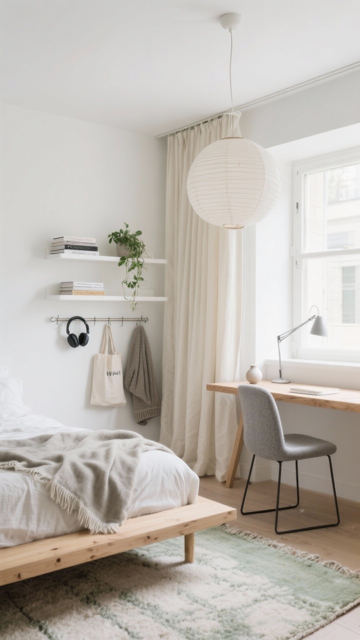 Wide shot, Scandi Calm With a Floating Nook: A compact Scandinavian bedroom-office with warm white walls with a hint of cream, a light oak platform bed, and a floating oak slab desk on concealed brackets under a window; slim armless gray felt chair; white wall-mounted shelves above with a couple of books and small trailing plant; wall-to-wall cream drapery behind the bed concealing a narrow peg rail holding headphones, a tote, and a sweater; sculptural paper lantern overhead, swing-arm sconce at the desk; low-profile wool rug connecting bed and desk; palette of warm white, pale oak, soft gray, whisper of sage; textures of linen duvet, wool throw, matte ceramics, brushed metal; airy, calm mood; natural soft daylight, photorealistic, straight-on perspective.