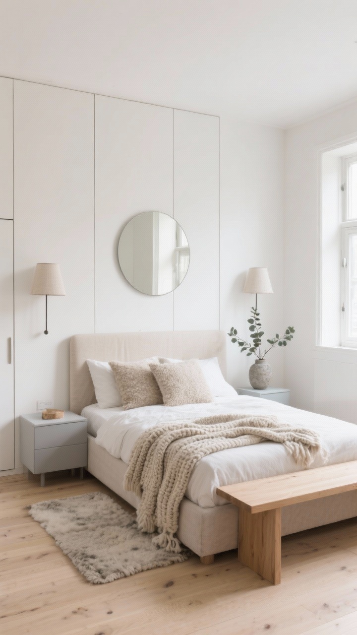 Wide shot, Scandinavian Cloud bedroom: a calm, bright small bedroom with warm white walls (hint of cream) and pale oak flooring; a low bed with a linen-upholstered headboard that nearly blends into the wall; a sleek floor-to-ceiling wardrobe with matte white slab doors and no handles (push-to-open), visually receding; floating nightstands and a slender oak bench at the foot of the bed; slim wall sconces with fabric shades freeing the nightstands; textures layered with chunky knit throws, bouclé pillows, and a soft wool rug; a single oversized round mirror opposite a window to double light; a small eucalyptus branch in a stone vase; palette of ivory, oat, pale oak, and soft gray; natural daylight, soft and airy, corner angle for spacious feel, photorealistic, no people.