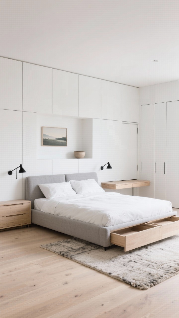 Wide shot, Scandinavian Cloud bedroom: airy, warm white walls with a whisper of beige, pale oak floors, a low-profile storage bed in stone-gray linen with deep drawers open slightly, framed by a seamless wall of matte-white floor-to-ceiling built-ins that form a custom headboard; a recessed niche above the headboard acting as a floating nightstand holds a single muted landscape artwork and a small ceramic bowl; slim black swing-arm sconces flank the bed; sliding closet doors visible on one side; textured wool rug underfoot; a fold-down wall desk in matching pale oak closed flush to the wall; palette of cloud whites, soft gray, pale oak, and matte black accents; soft morning natural light, clutter-free, photorealistic, straight-on perspective.