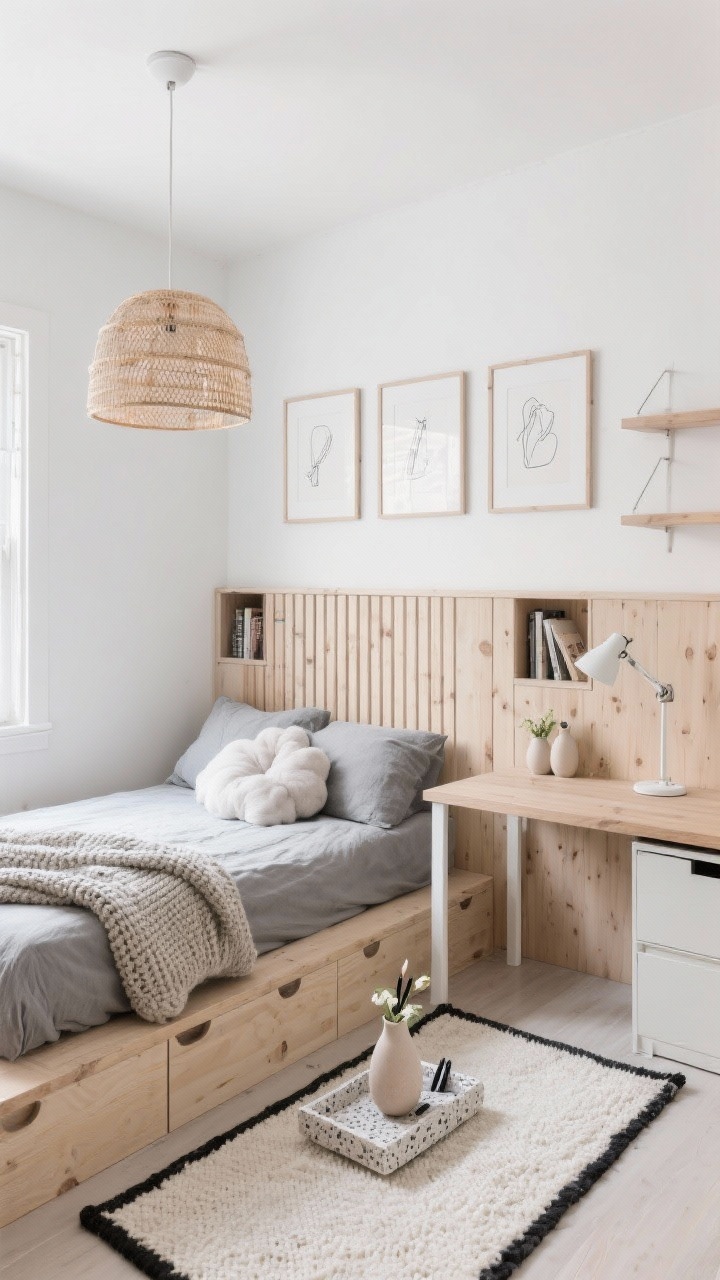 Wide shot, slight elevated angle: A Scandinavian loft-look small bedroom with warm white walls and abundant pale wood. A custom built-in wall frames a centered bed with vertical slat panels and tiny book nooks; the bed is a light-ash platform with drawers, dressed in stone-gray linen and plush cloud-soft pillows. Extending from the built-in, a slab-style ash desk with powder-coated white legs runs toward the corner; above it, a trio of framed line drawings hangs evenly spaced. Storage includes slim open shelves and a hidden under-desk cabinet for files. Lighting features a woven dome pendant over the foot of the bed and a white clamp lamp on the desktop. Minimal accents: a chunky knit throw, ceramic bud vases, a pale speckled stone tray for pens; a flat-woven off-white rug with a thin black border grounds the space. Airy, balanced, photorealistic.