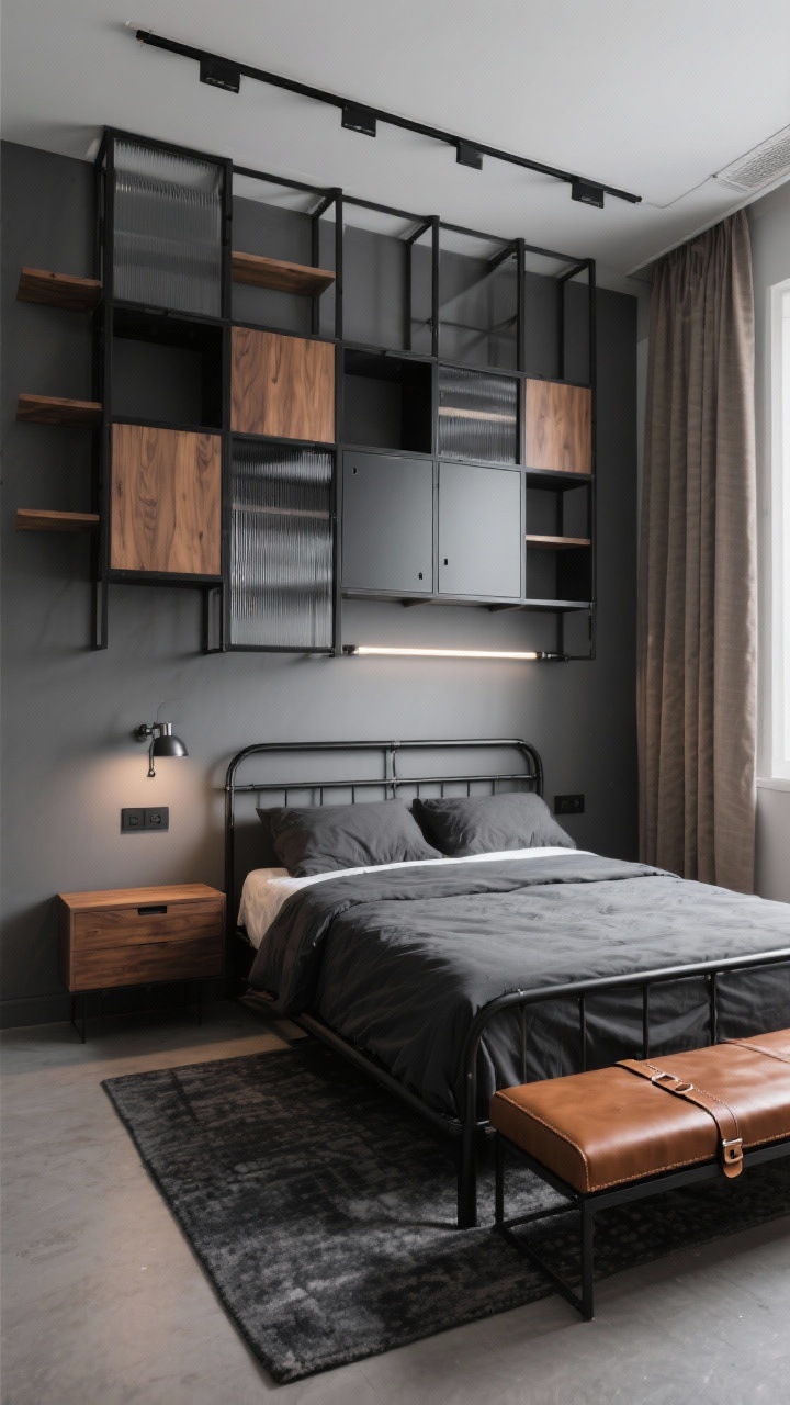 Wide shot, slightly elevated corner angle: A modern industrial small bedroom with graphite walls and matte black hardware; a slim black metal bed with clean lines, dressed in low-pile charcoal bedding and warm walnut accents; a dramatic floor-to-ceiling modular storage grid spanning one wall, mixing square and rectangular cubbies behind smoked glass, sliding mesh doors, and closed cabinets; ceiling-mounted track shelves floating over the headboard; a narrow walnut console with hidden drawers; a cognac leather strap bench at the foot, trunk-style with dividers; layered lighting with a pivoting metal sconce and a rail light grazing the storage grid to highlight texture; a low-pile charcoal rug with subtle pattern; warm taupe linen-blend curtains soften edges; palette of graphite, walnut, matte black, and cognac leather; vertical zoning emphasized, photorealistic.