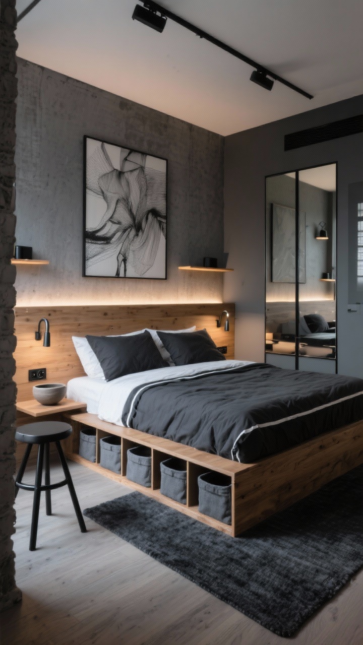 Wide shot, slightly low angle: An urban loft-style small bedroom with a wall-to-wall shallow plywood headboard spanning the entire wall, integrating niche shelves above each pillow so no nightstands are needed. Queen bed centered, framed by warm wood; slate gray walls and matte black hardware set a cool, graphic palette. Bedding: charcoal duvet with crisp white piping. Storage details include four fabric bins neatly sliding into the bottom of the headboard and a concealed outlet powering minimalist tube sconces tucked inside each niche; a dimmable LED strip washes soft light along the headboard top. Flooring shows a low-pile charcoal rug (tight 6x9) under the entire bed. One oversized abstract canvas hangs above the headboard. Opposite wall features a shallow wardrobe system with sliding mirrored doors that visually double the space. A single black stool and a ceramic bowl sit minimal on the side. Evening ambient lighting, photorealistic.
