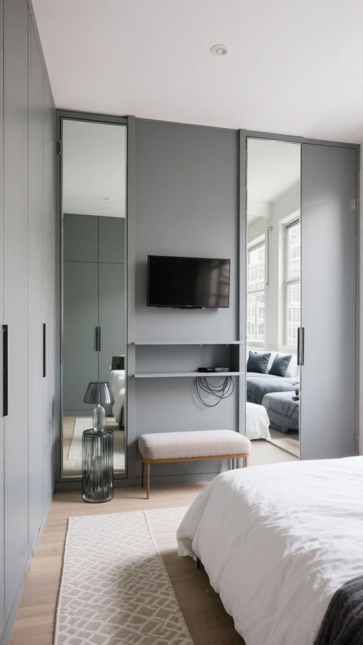 Wide shot, slightly off-center perspective of “The Mirrored Wardrobe Media Hub”: a compact bedroom wall with full-height mirrored closet doors on both sides, and a soft matte-gray center panel mounting a wall-hung TV with a shallow shelf below. The mirrors bounce light, visually doubling the space. Cable management routed behind the panel into a hidden tech cubby (hinted via a discreet side seam). Styling: crisp white bedding with slate pillows, a pale patterned runner on the floor to elongate the room, a petite upholstered bench at the foot of the bed, and a smoked glass table lamp on a narrow nightstand. City-apartment smart, bright natural light, photorealistic.