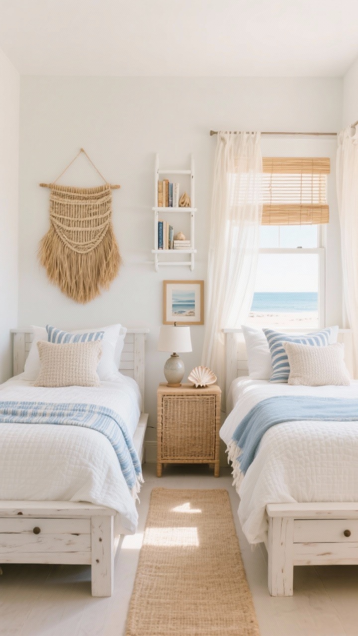 Wide shot, straight-on: A coastal twin retreat bedroom with two whitewashed wood twin platform beds placed parallel against opposite walls, creating a clear corridor between them. Palette of warm white walls with faint eggshell sheen, sandy beiges, and ocean blues. Each bed styled with crisp white quilts, lightweight blue-striped throws, and mixed textured pillows (linen, waffle knit, subtle ticking stripe). Over each headboard, a woven seagrass wall hanging. In the center, a narrow rattan nightstand with a petite ceramic lamp and a shell-shaped trinket dish; a small framed coastal print nearby. Deep under-bed drawers slightly visible. Near a sunny window: gauzy sheer curtains layered under bamboo blinds, with a slim white ladder shelf holding books and beachy decor. A pale jute runner down the center. Soft natural morning light, bright and airy, beachy calm mood, photorealistic.