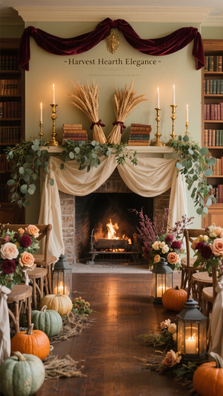 Wide shot, straight-on: A grand “Harvest Hearth Elegance” ceremony backdrop styled like a historic home hearth with a faux mantel draped in cream linen, layered antique brass candlesticks at varied heights, trailing eucalyptus and burgundy amaranthus across the top, velvet ribbon–tied bundles of wheat, and vintage books. Flanking aisle clusters of muted-tone pumpkins in sage and cream paired with lanterns. Worn wood chairs with soft linen sashes. Garden roses, ranunculus, dahlias, and foraged branches integrated around the mantel. Palette of cream, camel, brass, oxblood, and deep green. Candlelit library mood with warm, low, golden lighting; photorealistic, no people.