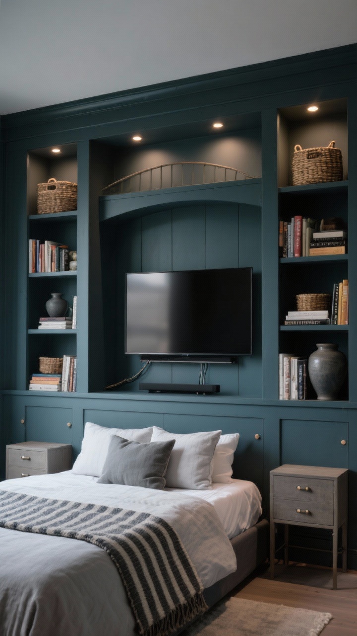 Wide shot, straight-on library-meets-media wall: “The Built-In Beauty Wall” showing two shallow (10–12 in) tall bookcases flanking a centered flat-panel TV over a compact dresser, all painted a single moody inky charcoal (or deep blue-green). A bridge shelf spans across the top, with discreet LED puck lights under the bridge softly haloing the TV. Shelves styled with stacked books, woven baskets, and chunky matte ceramic pottery. Crisp bed in foreground with percale sheets, soft stone linen duvet, two oversized Euro pillows; a striped wool runner at the foot of the bed to visually lengthen the space. Cords hidden via grommets, cohesive hardware matching nightstand pulls, evening cinematic glow, photorealistic, no people.