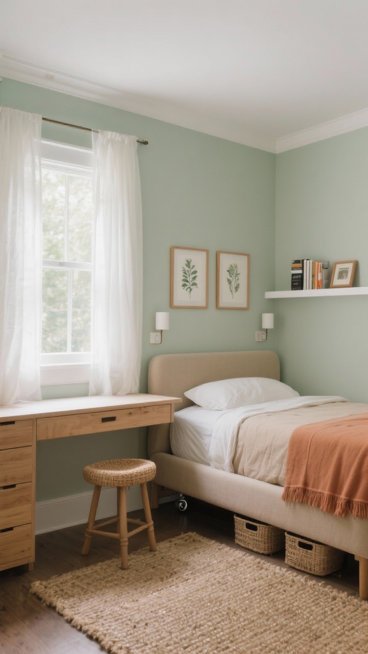 Wide shot, straight-on perspective: A light, airy small bedroom with soft sage walls, crisp white trim, and a low-profile upholstered bed in warm oatmeal linen centered on the longest wall. Sheer white curtains gently pooling at the floor frame a window with a floating white-oak desk mounted beneath it, featuring a slim plank top and a single hidden drawer; a rattan counter-height stool tucks fully under the desk. Opposite the bed, a narrow dresser sits beneath two botanical prints in thin oak frames and a picture ledge above the headboard holds books and small frames. Light textures throughout: a woven jute rug, a pale terracotta throw on the bed, natural wood accents. Lighting includes daylight streaming through sheers and a pair of plug-in sconces flanking the bed; under-bed rolling bins are partly visible. Calm, uncluttered, breezy mood, photorealistic.