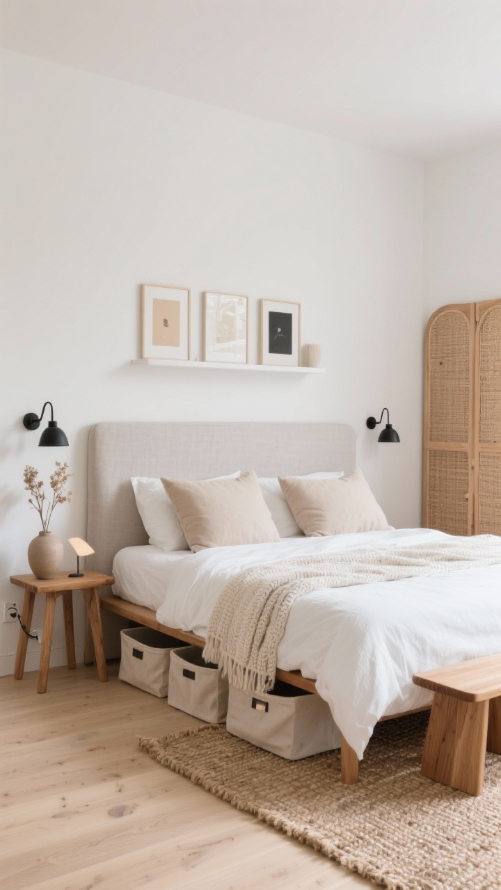 Wide shot, straight-on view: A cloud-soft minimalist small bedroom styled like a creamy latte, warm white walls (Swiss Coffee/Alabaster vibe), a pale greige linen headboard spanning the bed width, crisp white duvet with a lightweight knitted throw, two oversized euro pillows in oatmeal. Slim warm-wood stools replace nightstands, with a petite ceramic vase holding dried stems and a small reading lamp. Above the bed, a floating shelf anchors three small framed prints in soft beige and charcoal. Pale wood flooring with a woven jute rug tucked under the bed, extending just past the foot. Plug-in swing-arm sconces in matte black flank the headboard, freeing surfaces. Under-bed canvas storage bins just visible, and a slender wardrobe with cane doors adds texture. Airy, uncluttered, warm wood tones, soft natural morning light, photorealistic.