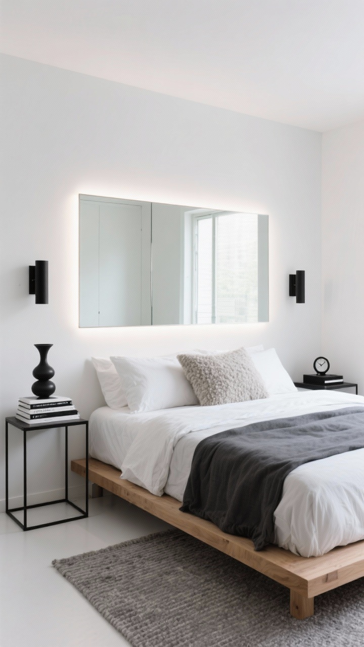 Wide shot, straight-on view: A minimalist small bedroom with crisp white walls and a low oak platform bed dressed in layered monochrome bedding from white to dove gray to charcoal. A seamless wall-to-wall, frameless mirror spans the width behind the headboard, with polished edges and warm white LED backlighting creating a soft halo. Slim black metal nightstands hold a single sculptural vase, a neat stack of monochrome books, and a discreet black alarm clock. Integrated black sconces flank the bed. Textures include a bouclé throw pillow, linen duvet, and a flat-weave gray rug. Mood: serene, gallery-clean, bright, and spacious. Photorealistic, no people.