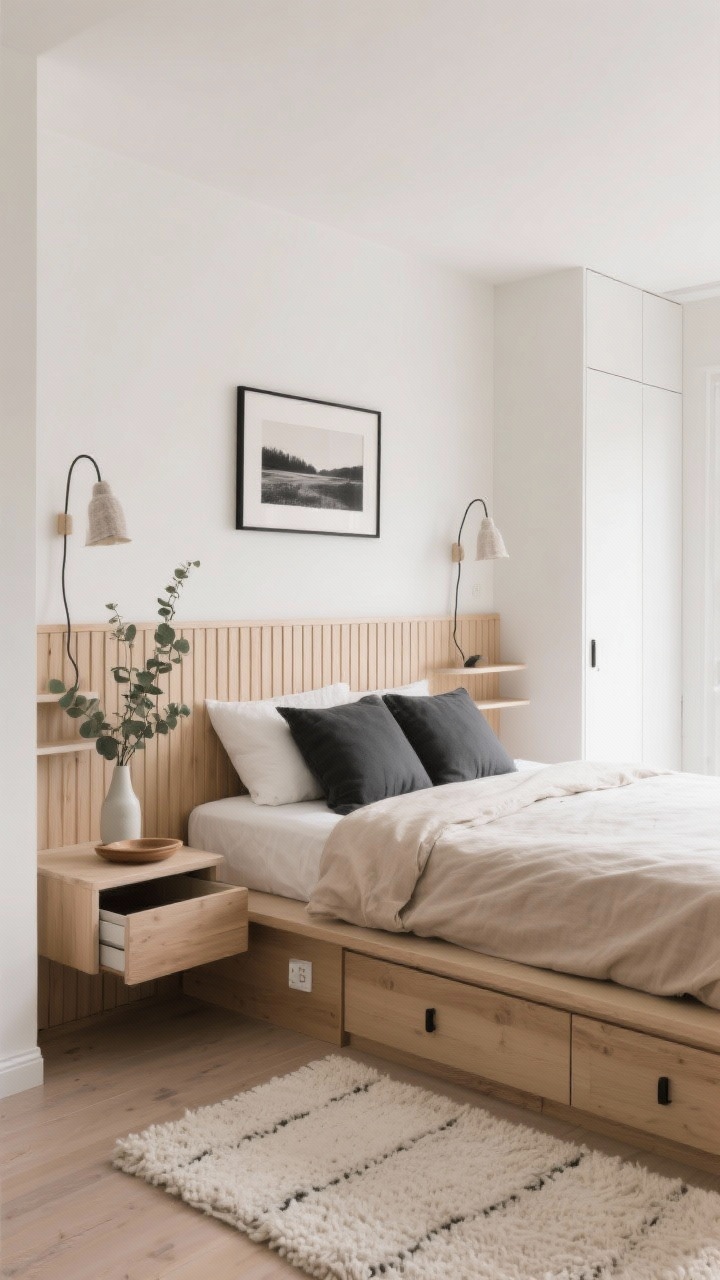 Wide shot, straight-on view: A Scandinavian-inspired small bedroom featuring a full-width pale oak built-in headboard wall with vertical slats and hidden lift-up compartments, integrated floating shelves at pillow height holding a slim vase of eucalyptus and a ceramic tray, warm white walls, a low-profile platform bed with sandy linen duvet and charcoal throw pillows, deep under-bed drawers slightly open, minimalist plug-in sconces with fabric cords mounted on the slatted headboard, a framed black-and-white landscape above the bed, a textured ivory wool rug, and a narrow touch-latch wardrobe painted the same warm white as the walls, with a serene, airy hotel-suite vibe, soft natural daylight