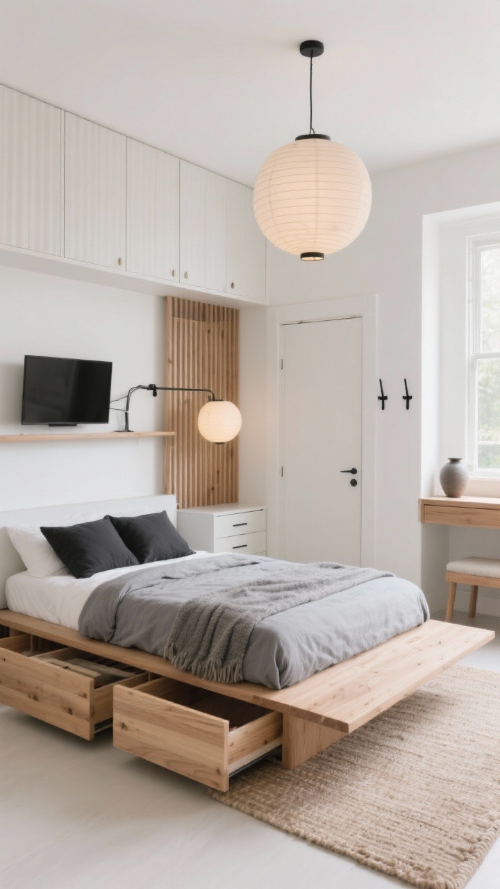 Wide shot, straight-on view: A serene Japandi small bedroom with warm white walls and a low-profile slatted oak platform bed whose side rails lift up, shown slightly ajar to reveal shallow compartments; a stone-gray linen duvet, nubby wool throw, and two inky charcoal cushions atop the bed; floating low night shelves; a narrow wall-mounted desk/vanity with a single ceramic vase; a floor-to-ceiling wall of fluted cabinet doors in pale oak concealing wardrobe, drawers, and a laundry pull-out; a bench by the window with a hinged seat; a flatweave oatmeal rug; a single oversized paper lantern glowing softly like morning light; a slim TV on a swing arm folded behind a slatted wood screen aligned with the cabinets; two matte black hooks behind the door; palette of soft whites, pale oak, stone gray, and inky charcoal; bright daylight bouncing to create peaceful, minimal, floating furniture vibes, photorealistic.
