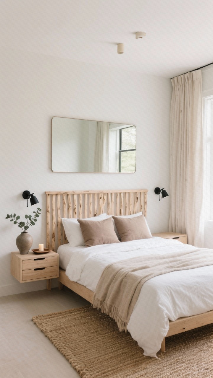 Wide shot, straight-on view: A serene Japandi small bedroom with a centered queen bed against a pale driftwood wood-slat headboard rising nearly to the ceiling. Floating wall-mounted nightstands with slim drawers flank the bed, each with matte-black plug-in sconces. Palette of warm white walls, driftwood beige wood tones, and inky black accents. Bedding is a crisp white duvet, oat-colored linen throw, two oversized taupe euro pillows. A flatweave 5x7 natural jute rug sits under the lower two-thirds of the bed. Opposite wall features a large frameless mirror reflecting light. Ceiling-mounted bone-tone linen curtains elongate the height on the window wall. Minimal decor: a single ceramic vase with eucalyptus on one nightstand, a sculptural tray with a candle on the other. Subtle underbed low-profile drawers peeking out. Soft natural morning light for a calm, airy mood, photorealistic.
