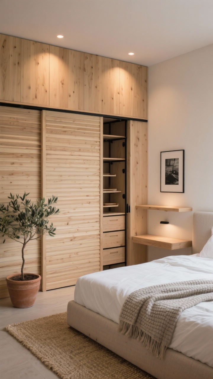 Wide shot, straight-on view: A serene Japandi small bedroom with a full-height wall of light oak slatted sliding cupboard doors spanning one entire wall, pinspot ceiling lights washing the slats to create soft shadow-play. Low-profile bed with slim upholstered linen headboard in natural tone, warm white and oat-beige palette with pale wood accents. Two floating bedside shelves instead of nightstands, crisp white cotton bedding, stone-colored waffle throw, and a pale jute rug underfoot. Black metal details peek inside the open sliding door: hanging rails, pull-out trays, and soft-close drawers. A single potted olive tree in a clay pot near the cupboard, and a framed black-and-white photograph above the bed. No visible clutter, calm minimalist styling, photorealistic, evening ambient lighting with warm color temperature.