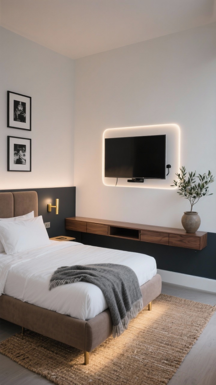 Wide shot, straight-on view: A sleek small bedroom styled as “The Modern Hotel Nook” with warm white walls and a slightly darker painted accent behind an ultra-thin wall-mounted TV on a low-profile swivel arm. The TV floats above a narrow walnut slimline console with hidden storage. Low-profile bed with a taupe upholstered headboard, crisp white bedding, a gray wool throw, and a natural jute rug underfoot. Slim brass plug-in sconces flank the bed; a soft-glow LED backlight gently halos the TV. Charcoal accents throughout, three framed black-and-white photos on the opposite wall, and a petite olive tree in a ceramic pot. Evening lighting, calm boutique-hotel mood, photorealistic, no people.