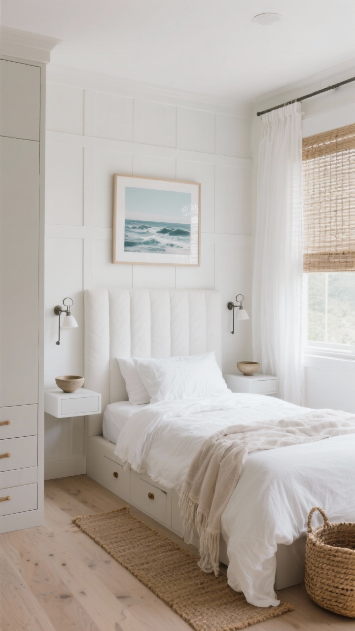 Wide shot, straight-on view: A small “Coastal Cloud” bedroom with a tall white upholstered headboard centered on a wall-to-wall built-in headboard unit featuring slim floating nightstands and narrow swivel-arm sconces; bedding is crisp white sheets, a pale sand linen duvet, and airy gauze throws; color palette of white, soft sand, driftwood taupe, hints of seafoam; pale oak/bleached wood flooring with jute runners on both sides of the bed; sheer white curtains layered with a woven shade over a single window; under-bed drawers slightly visible; a tall narrow dresser in the corner; a single oversized coastal photograph above the headboard; small ceramic bowls on each floating nightstand and a seagrass basket at the foot of the bed; bright natural daylight, soft and breezy.