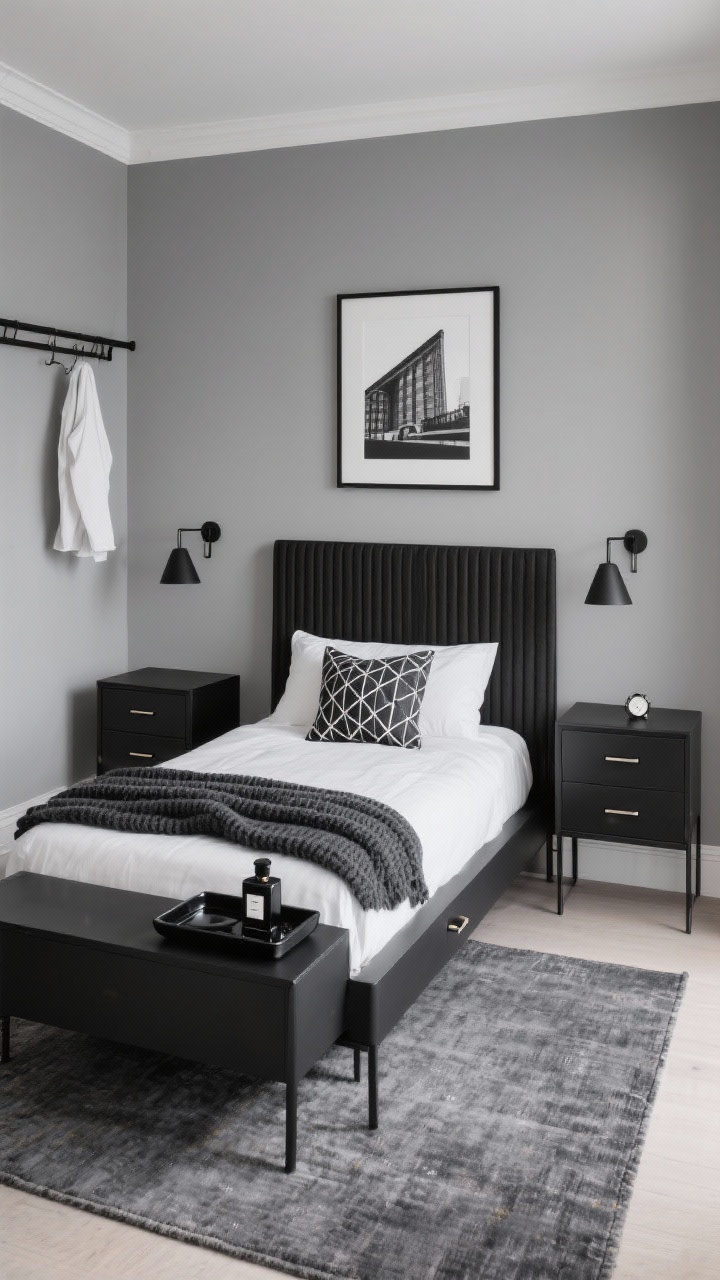 Wide shot, straight-on view: A small “Modern Monochrome Suite” bedroom with soft smoky gray walls and a low-profile matte-black platform bed featuring a tall ribbed headboard. White cotton percale bedding with a chunky charcoal knit throw and one tone-on-tone geometric cushion. Slim black metal nightstands with single drawers on both sides, hardwired matte-black swing-arm sconces above each to free surface space. A narrow dresser with flat-front, handleless drawers in matte black/brushed steel accents, topped with a glossy black tray holding cologne and a watch. A low-pile graphite area rug frames the bed. One large black-and-white architectural print centered above the headboard. Under-bed drawers slightly visible, and a wall-mounted rail with tomorrow’s outfit. Palette locked to black, white, gray with repeated finishes: matte black, soft gray, brushed steel. Clean lines, crisp contrast, photorealistic.