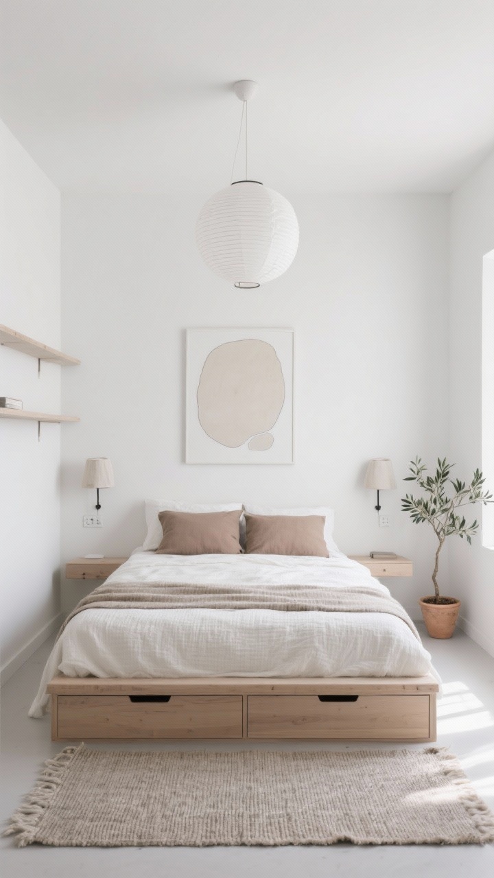Wide shot, straight-on view: A small Scandinavian bedroom in airy neutrals with matte white walls and whisper-light gray undertones, a low-profile pale oak platform bed dressed in an off-white textured duvet and warm taupe linen pillows. Under-bed drawers are slightly open to reveal tidy storage; a narrow wall-mounted shelf doubles as a nightstand with a slim plug-in sconce with a linen shade on each side. A sculptural white paper lantern pendant hangs centered overhead. A flat-weave wool runner tucks under the bed and extends out at the sides. One large minimal abstract art print with ample negative space hangs above the bed. A single olive tree in a natural clay pot stands in the corner. Soft natural daylight fills the room, feather-light and uncluttered, photorealistic.