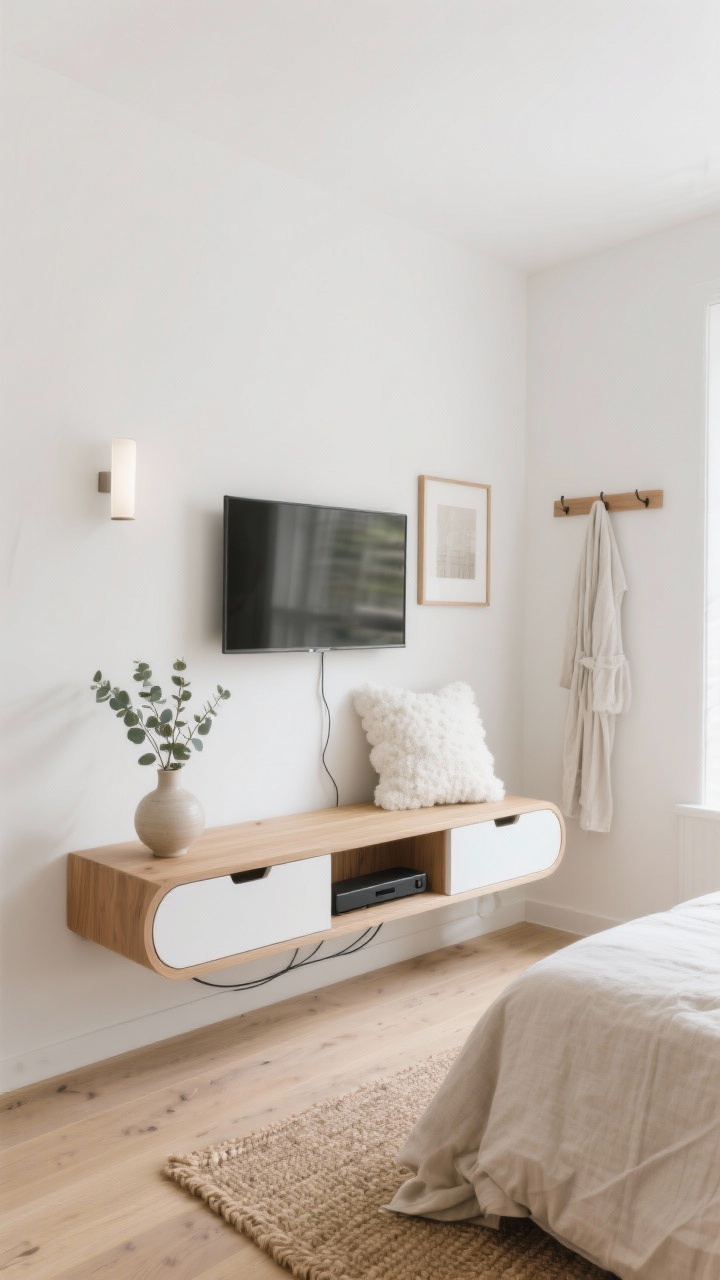 Wide shot, straight-on view of “The Floating Scandi Nook”: a small bedroom with white walls kissed with a whisper of cream, pale oak floors, and an ultra-clean floating oak console (48–60 inches) with soft-rounded edges and slim matte-white push-to-open drawers beneath a wall-mounted TV. Include a hidden cable channel and one open cubby housing a compact soundbar. A slim wall-mounted picture light centered above the TV frames it like art. Styling: oatmeal linen bedding, a cloud-like white boucle accent pillow, a single ceramic vase with eucalyptus on the console, a Scandi peg rail on the adjacent wall with a robe, and a slim natural jute rug underfoot. Daylight, airy, calm Scandi mood, no clutter, photorealistic.