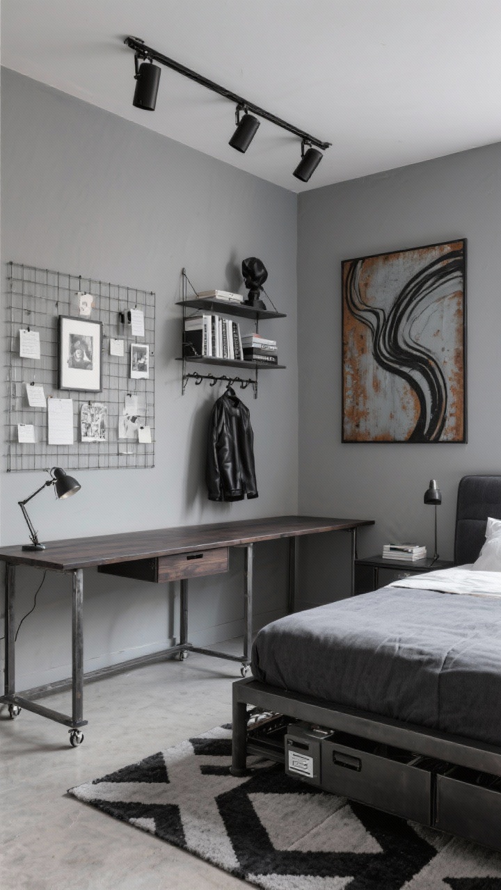 Wide shot, Urban Industrial With Gallery Edge: An industrial-modern small bedroom-office with soft gray walls, a charcoal upholstered bed with a low straight headboard, and a steel-framed desk with a dark smoked-wood top; grid-style pinboard behind the desk displaying monochrome notes and prints; trio of matte black track spotlights above like a mini gallery; wireless task lamp on the desk; floating black shelves stacking diagonally in a corner with monochrome books and one bold sculpture; large abstract canvas with sweeping lines and a hint of rust above the bed; low-pile geometric rug in gray and black aligned with desk legs and bed frame; rolling under-bed drawer partly visible for files/tech; wall-mounted blackened steel coat hook rail; textures of brushed metal, canvas, ribbed glass, distressed leather, concrete gray tones; crisp, energetic mood; corner angle, photorealistic.