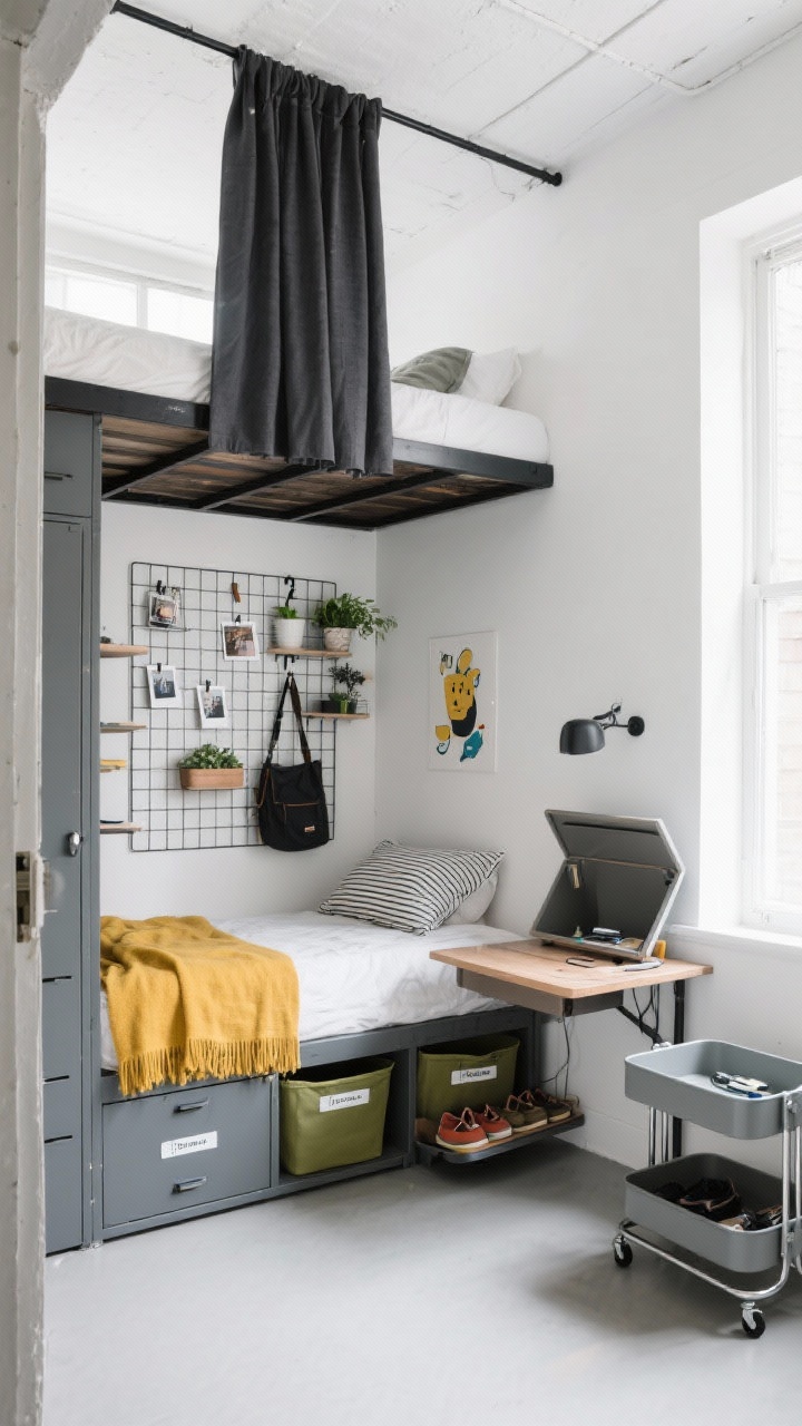Wide shot, Urban Utility Nook micro-loft: compact bedroom corner with gallery-white walls and concrete-gray accents; a lofted bed with drawers and labeled bins tucked underneath; beside it a black metal grid panel used as a vertical organizer with hooks for bags, clips with photos, and small shelves holding plants; a freestanding closet cabinet with adjustable shelves and a pull-out shoe tray slightly extended; a wall-mounted fold-down desk open, revealing a hidden cubby for cords and stationery; a slim rolling two-tier cart functioning as a nightstand, partially slid under the desk; pops of mustard and olive in textiles (mustard throw, striped pillow, playful print above headboard); ceiling-mounted curtain track with a drawn-back privacy curtain; crisp daylight, efficient industrial vibe, photorealistic, angled from doorway.
