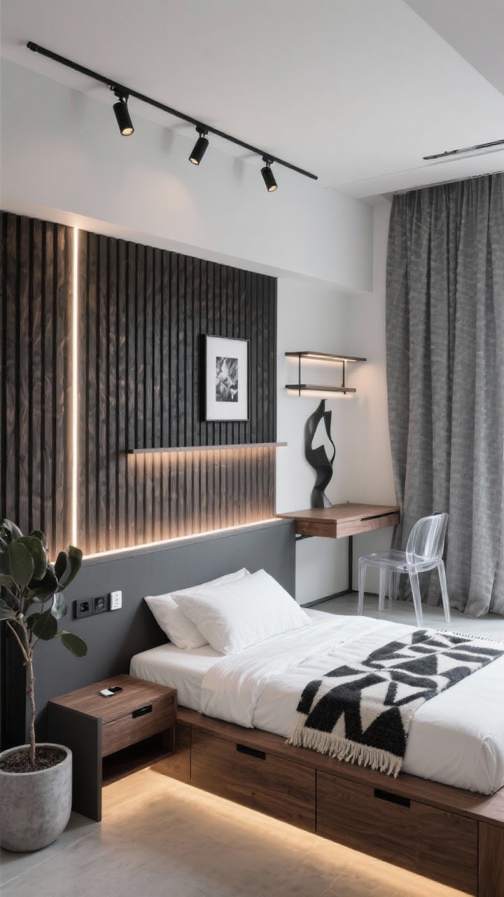 Wide, slightly elevated corner-angle photorealistic shot of a modern loft nook: a platform bed with integrated drawers and a headboard shelf (containing a recessed charging strip), color palette of charcoal, white, and walnut; behind the bed, a vertical slat wood panel running to the ceiling with a hidden narrow ledge for art, adjustable track lighting with spot heads washing the slat wall, under-shelf LEDs creating a soft halo at night; opposite wall features a floating desk that collapses down with a clear acrylic chair tucked underneath; closet area swapped for ceiling-mounted textured gray curtains; decor includes a single sculptural plant in a concrete pot, black-and-white photography, and a graphic wool throw; crisp, smart, boutique-hotel vibe.