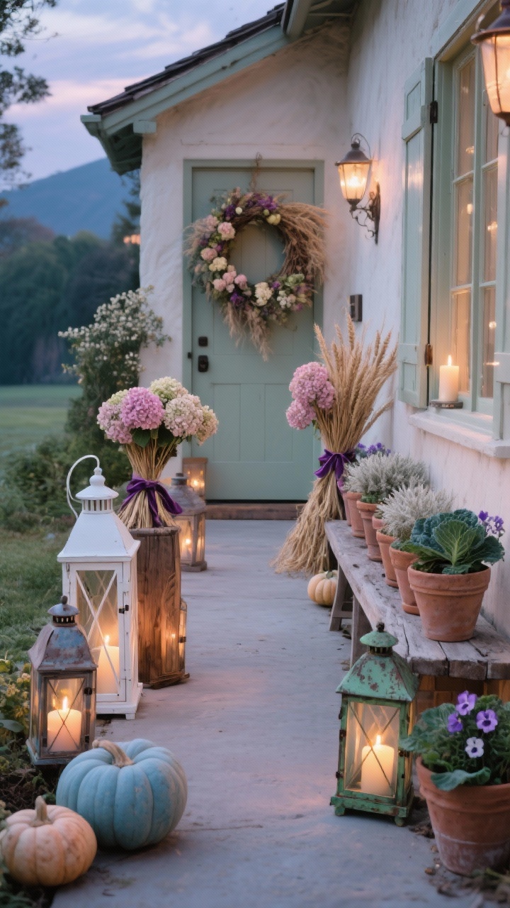 Wide, slightly elevated walkway view: cottagecore lantern-lined path featuring mismatched lanterns—white, wood, and antique metal—each holding flickering candles. Between lanterns sit bundles of dried hydrangeas and strawflower tied with velvet ribbon. At the door, a lush dried floral wreath (hydrangea, yarrow, wheat). A narrow bench holds a row of aged terra-cotta pots planted with kale, dusty miller, and pansies; pots show yogurt/lime-wash patina. Scatter a few storybook pumpkins in muted blue and fairy-tale green among the lanterns. Colors: dusty rose, sage, cream, muted lavender. Twilight scene with gentle candle glow, photorealistic.