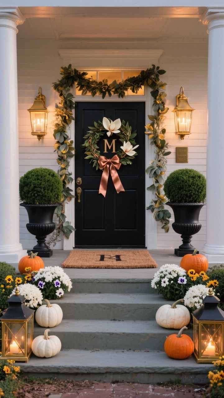 Wide, straight-on Colonial entry “Classic Colonial With a Twist,” early evening: black urn planters flanking the door with deep green boxwood underplanted with golden pansies/white mums; steps lined symmetrically with matching lanterns (black/brass) alternating white pumpkins and deep orange pumpkins for graphic contrast; monogrammed coir mat centered; classic magnolia or laurel wreath on the door accented with copper satin ribbon; columns softly wrapped with a garland of magnolia leaves/eucalyptus; warm sconces and brass lanterns with pillar candles illuminating crisp black, white, deep green, copper, and orange palette; photorealistic, polished.