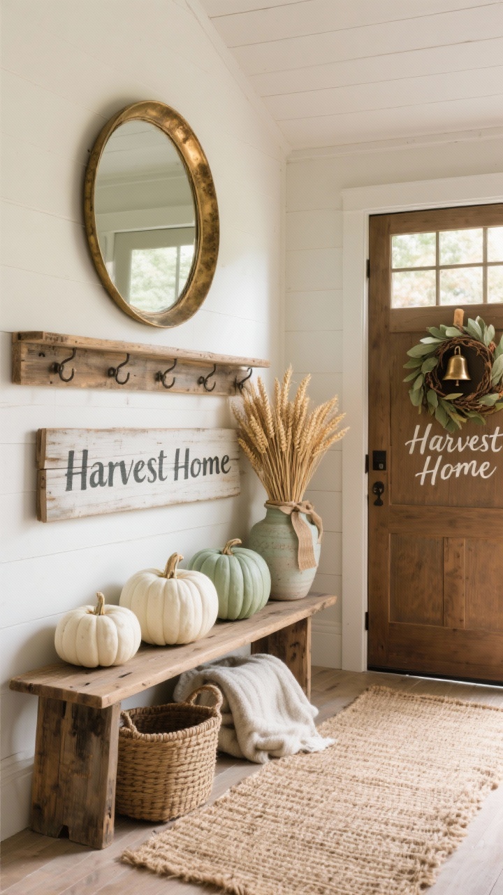 Wide, straight-on entryway scene in a rustic farmhouse style: vintage wooden bench against a wall with a large round aged-brass mirror above a DIY reclaimed-wood coat rack; woven jute runner on the floor; stack of painted pumpkins in creamy white and soft sage beside the bench; basket of blankets tucked below; tall pottery vase holding a bundle of wheat for height; bay leaf wreath with bronze bells on the door; hand-lettered “Harvest Home” sign on reclaimed wood; palette of cream, sage, wheat, and warm wood; textures of jute, weathered wood, ceramic, and burlap ribbons; soft natural afternoon light for a warm autumn feel; no people, photorealistic.