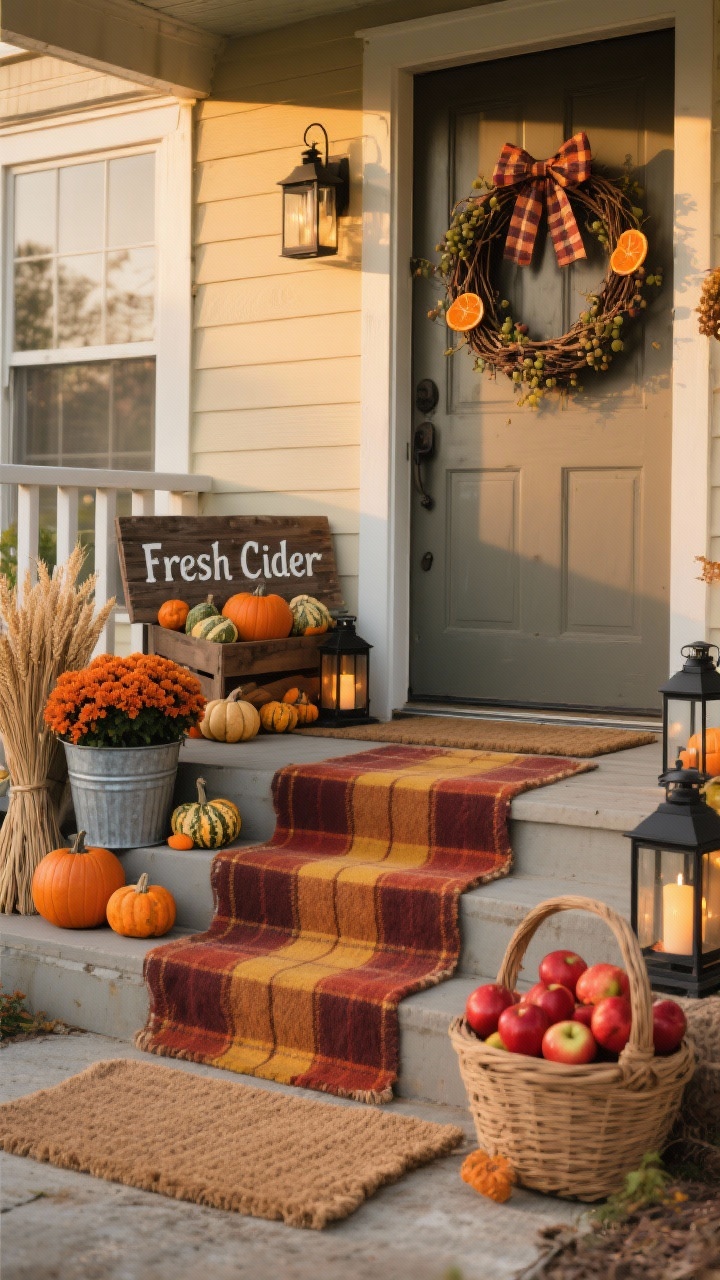 Wide, straight-on, photorealistic front porch at golden hour in a rustic “Harvest Market Porch” style: natural jute/coir doormat layered under a plaid runner in rust, mustard, and deep brown; a wooden market crate filled with mini pumpkins, heirloom gourds, and a bundle of dried wheat; two oversized galvanized tubs brimming with mums in burnt orange and burgundy flanking the steps; a weathered wooden hand-painted sign reading “Fresh Cider” leaning casually against the railing; two black metal lanterns with warm LED candles on the top step; front door featuring a grapevine wreath wrapped in plaid ribbon and clipped with dried orange slices; a vintage apple-picking basket filled with faux red apples as a color pop; cozy, unfussy, inviting mood, soft warm lighting, no people.