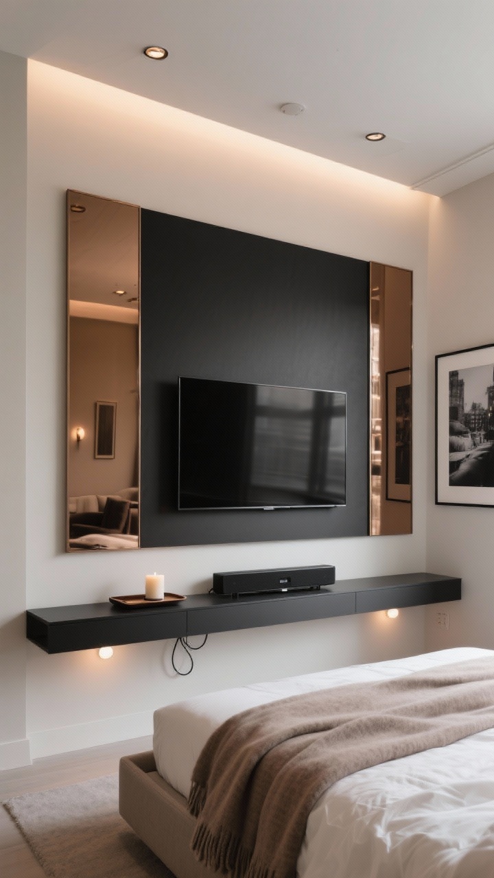 Wide, straight-on photorealistic shot of a minimalist luxe micro-wall: a TV on a matte black backboard flanked by two tall bronze-tinted mirror panels that visually widen the small room. Below, a wall-to-wall micro media ledge only 4 inches deep holds a soundbar, candle, and small tray; hidden cable channels keep lines crisp. Soft greige walls, black accents, ivory bedding with a taupe cashmere throw, and a low platform bed with integrated side shelves. Recessed ceiling cans on dimmers and two tiny puck lights under the ledge create a refined gallery glow. Across from the TV, a single oversized black-and-white photograph adds balance. Evening lighting, clean and impossibly tidy.