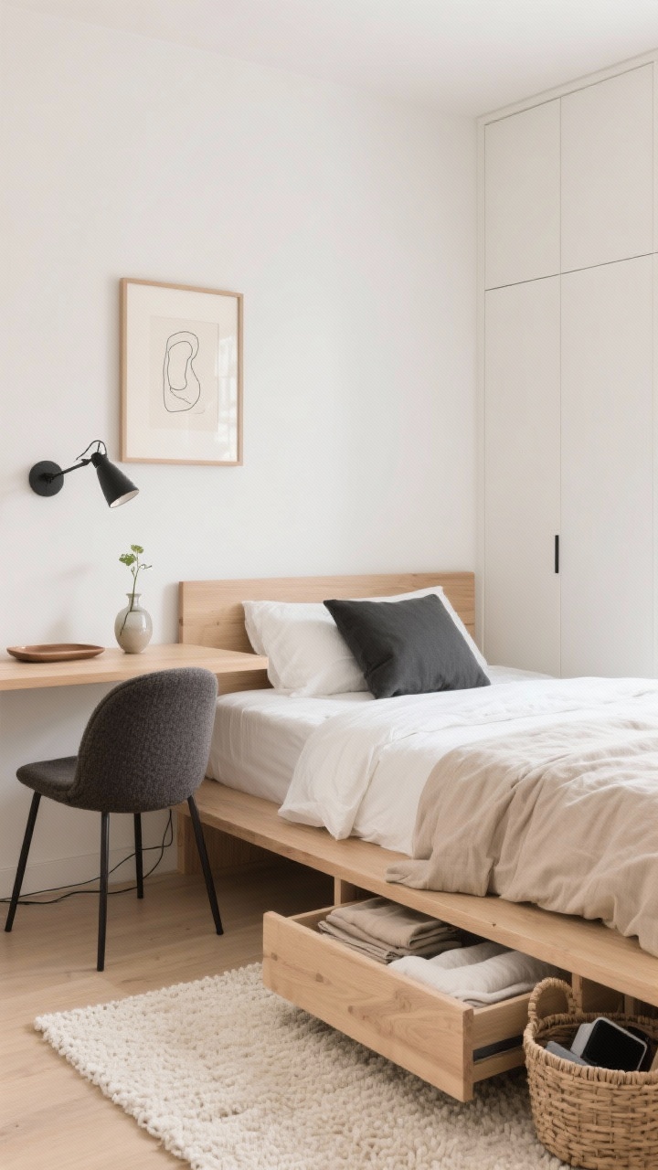 Wide, straight-on photorealistic shot of a serene Japandi small bedroom with study area: low-profile natural oak platform bed with a slim floating headboard, stonewashed linen bedding (soft white sheets, sand-colored duvet, single charcoal lumbar pillow), flatweave nubby cream rug, floating wall desk in matching pale oak with a compact curved-back bouclé chair, slim matte black pivot-arm sconce above the desk positioned to double as bed reading light, warm white walls with handleless wardrobe doors painted to blend in, under-bed drawer slightly ajar showing folded seasonal linens, one large framed line drawing on the wall, a ceramic tray holding a single stem in a glass bud vase, woven basket to hide tech clutter; color palette warm white, oat beige, pale oak, matte black accents; soft natural morning light, clean lines, no visible cables, minimal and calming.