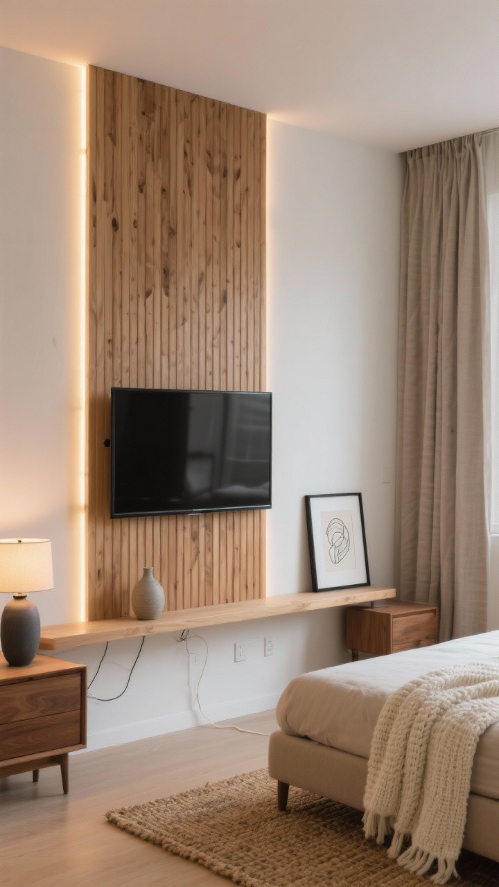 Wide, straight-on photorealistic shot of a small Japandi bedroom TV wall: a 43–50 inch TV mounted flush on a vertical slatted oak panel running from console height to just below the ceiling, with hidden cables and a soft halo from two backlit LED strips tucked along both panel edges. Warm white walls, a pale oak floating shelf beneath the TV holding a tiny vase and a single black-framed line art piece leaning casually. Opposite, glimpses of a low upholstered oatmeal headboard and a chunky cream knit throw; compact walnut nightstands, one ceramic table lamp, slate-beige linen curtains, and a woven jute rug complete the calm, clutter-free scene. Soft evening lighting with warm temperature.