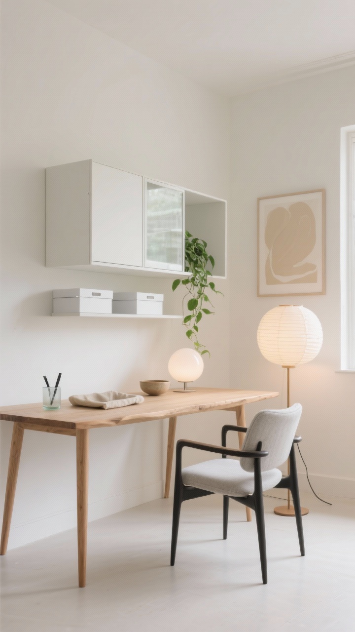 Wide, straight-on photorealistic shot of “The Calm Minimalist Studio”: a serene warm white room with a whisper of cream, negative space and slim profiles; a light oak slab desk with slender tapered legs, low-profile ergonomic chair in pale gray fabric with matte black metal arms, white handleless wall-mounted cabinet floating under a framed window; minimal open shelving with three white boxes and one trailing pothos; palette of white, gray, light oak, soft green; delicate accents: frosted glass pen cup, sand-colored linen tray, small ceramic bowl; lighting: opal glass globe lamp on desk and a paper lantern floor lamp in the corner casting a warm glow; textures visible: linen seat pad, smooth wood, frosted glass; one large beige-on-beige abstract print on the wall; clean, uncluttered, matte finishes; no people.