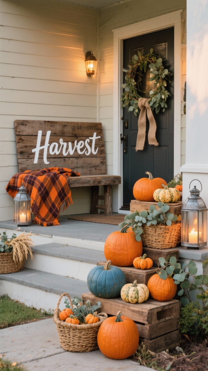 Wide, straight-on porch scene: a rustic harvest entry with a weathered raw-wood bench against siding, plaid throw in burnt orange and deep chestnut draped over it, hand-painted “Harvest” sign in white script on reclaimed wood leaning beside. Wooden crates used as risers create height for overflowing pumpkin layers: cinderella, heirloom blue, and classic orange arranged in tiered stacks along the steps. Woven wicker baskets spill mini gourds and sprigs of eucalyptus; eucalyptus garland drapes over the doorframe tied with wide jute ribbon. Chunky galvanized-metal lanterns with warm LED candles line the path. Color palette: pumpkin orange, wheat, olive green, charcoal. Golden-hour outdoor lighting, photorealistic.