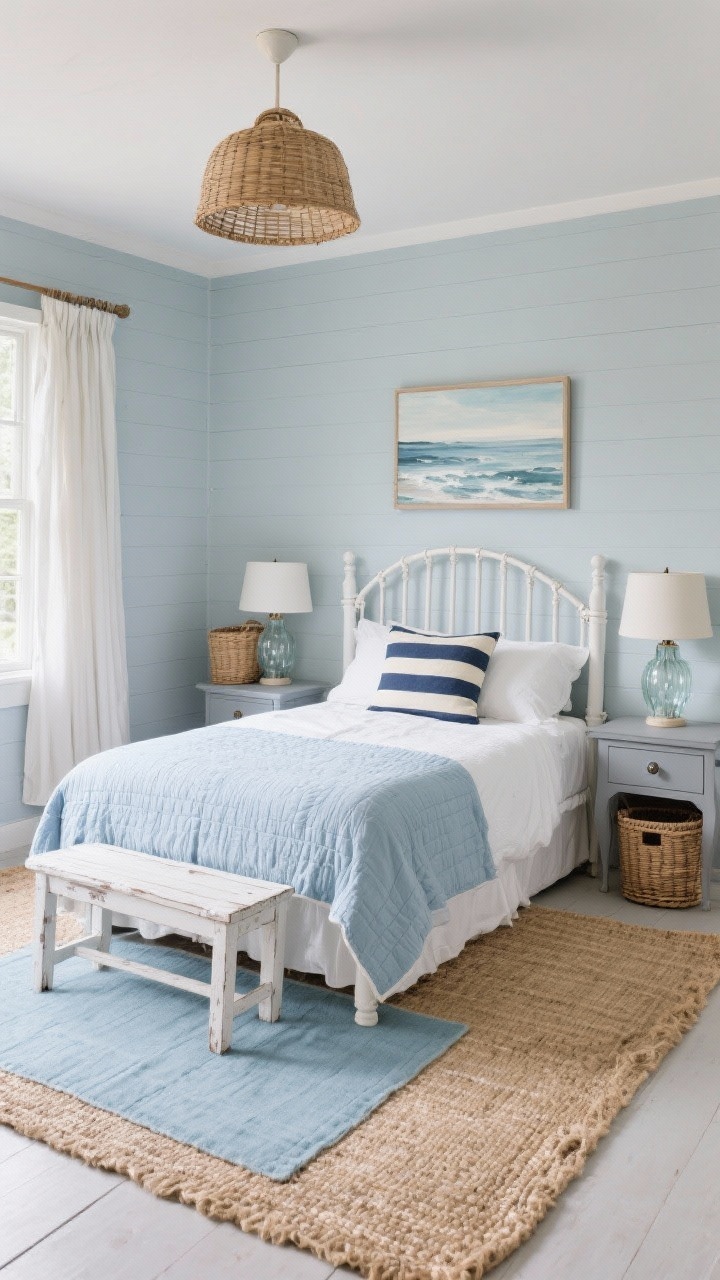 Wide straight-on shot, Coastal-Cool Cottage: A breezy cottage bedroom with misty pale blue-gray walls and an antique-style white spindle bed. A large natural jute rug covers most of the floor, layered with a smaller 4x6 powder-blue cotton rug under the front third of the bed. Bedding: white percale sheets, light blue quilt, wide striped lumbar pillow in navy and cream. Nightstands painted soft gray with glass knobs, topped with ceramic lamps in a beach-glass finish. Woven baskets by the nightstand, seascape art above, linen curtains hung high to elongate the ceiling, a rattan pendant overhead, and a whitewashed small bench at the foot of the bed. Soft coastal daylight, sand-and-blue palette, relaxed textures.