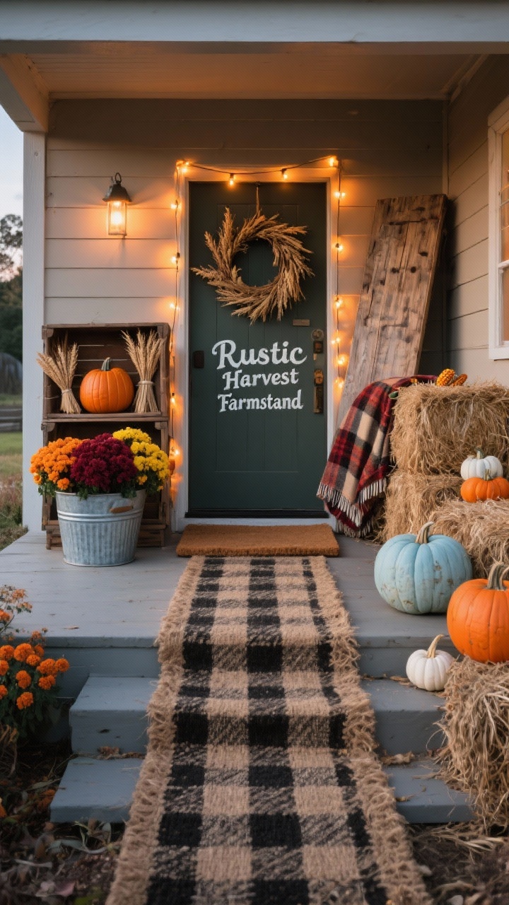 Wide, straight-on shot of a “Rustic Harvest Farmstand” fall porch at twilight: layered natural jute/coir doormat over a narrow buffalo check runner (black-and-white), a vintage wooden crate on its side used as a shelf holding dried wheat and a squat Cinderella pumpkin, galvanized metal tub overflowing with mixed mums in burgundy, mustard, and burnt orange on one side, staggered hay bales on the other tucked with heirloom pumpkins in pale blue, ghost white, and classic orange, plaid throw blanket draped casually, corn-husk-and-wheat wreath on the door, hand-painted farmstand sign leaning against the steps, amber string lights draped around the doorframe casting a warm glow; color palette of warm neutrals, rusty reds, mustard, and pumpkin orange; photorealistic, cozy, layered textures.