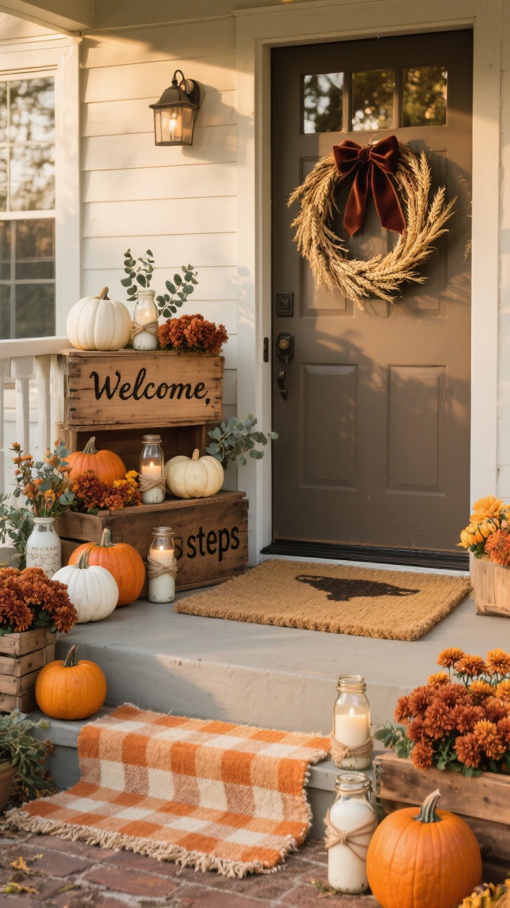 Wide, straight-on shot of a rustic harvest front porch styled with stacked wooden crates forming tiered “steps,” overflowing with bronze and rust mums, heirloom pumpkins in white, butternut, and deep orange, and vintage milk bottles holding eucalyptus sprigs; a jute runner grounds the scene, a layered doormat moment with a buffalo-check rug under a coir mat sits at the threshold, mason jars wrapped in twine glow with candles, a crate stenciled with “Welcome,” and a wheat wreath with a velvet ribbon hangs on the door; color palette of burnt orange, cream, mustard, and natural wood, warm late-afternoon light, photorealistic.