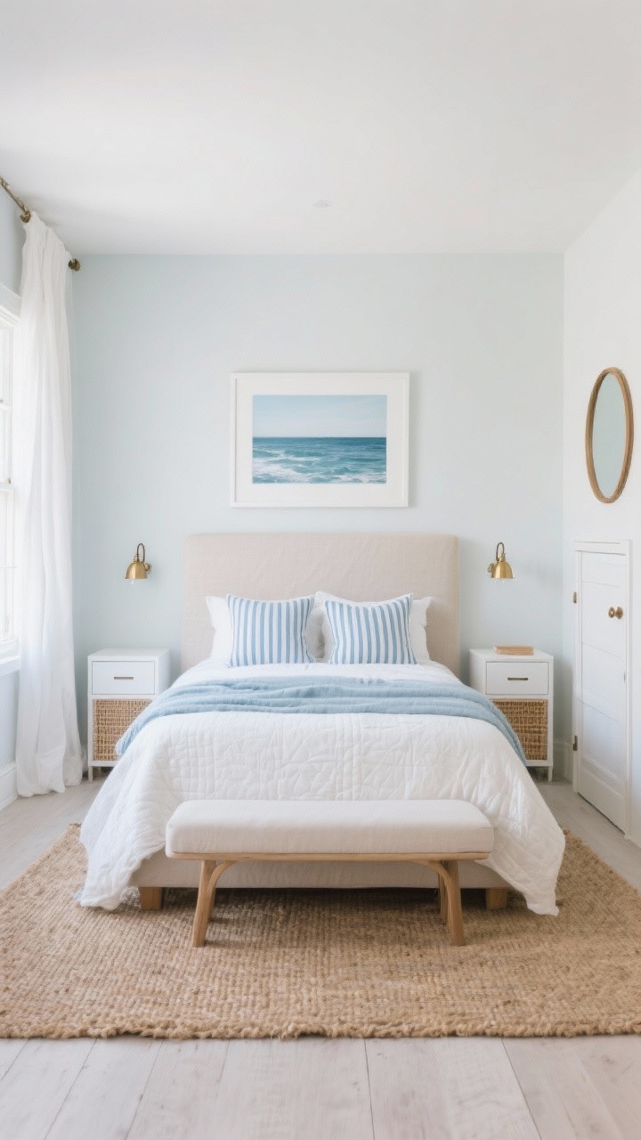 Wide, straight-on shot of a small coastal bedroom with a centered king bed on the main wall, photorealistic. Palette of soft whites, misty blues, and sandy beiges. Low-profile upholstered linen-look headboard; bed dressed with a white quilt, light blue throw, and a few blue-and-white striped pillows. Matching narrow nightstands: slim cane-front or white lacquer cubes with a single drawer. Wall-mounted brushed brass swing-arm sconces above each nightstand. Large flatweave jute rug framing the bed, extending beyond both sides and foot. White linen curtains filtering daylight at the window. Above the headboard: one large ocean print in a white frame. Add a slim storage bench at the foot of the bed, a tall narrow white or oak dresser near the door, and a simple round mirror reflecting light. Airy, uncluttered, symmetrical styling; no people.