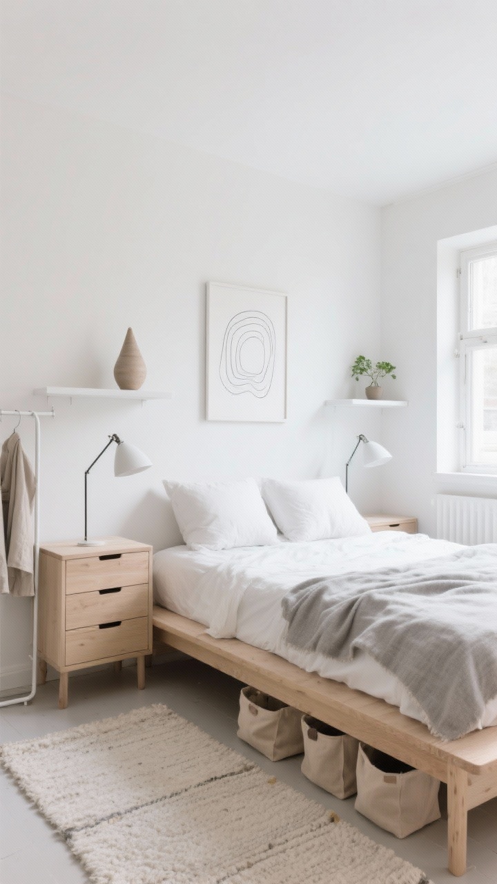 Wide straight-on shot of “The Scandinavian Cloud” small bedroom: soft white walls, pale oak low-profile platform bed with rounded corners and crisp white bedding, soft gray linen throw, two oversized pillows. Slim floating shelves as nightstands with a ceramic vase on one side and a small plant on the other. Narrow 4-drawer chest in pale oak tucked under a window; shallow white dresser under the window; white metal clothing rail with a few neutral garments. Underbed natural canvas bins peeking out. Cone-shaped adjustable-arm wall sconces above each floating shelf. Pale flat-woven rug extending just beyond the bed. One large matte-framed abstract line print above the headboard. Bright natural daylight, uncluttered, airy, light-bouncing atmosphere.