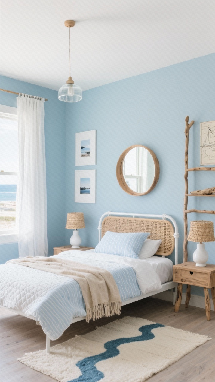 Wide straight-on view, photorealistic: Modern coastal studio bedroom with soft sky blue walls and white linen curtains framing a bright window, flooding the space with light. A rattan headboard pairs with a white metal bed frame dressed in a white matelassé coverlet, pale blue striped sheets, and a sandy beige throw. Driftwood-toned nightstands hold white ceramic table lamps with raffia shades; a slim oak ladder shelf provides airy vertical storage. The floor features a wool-blend rug with a soft wavy cream-and-blue shoreline pattern. A round wood mirror opposite the window bounces light; framed coastal photographs in white mats and a vintage nautical chart complete the wall art. Breezy, crisp, sunlit atmosphere with optional small glass pendant if ceiling height allows.
