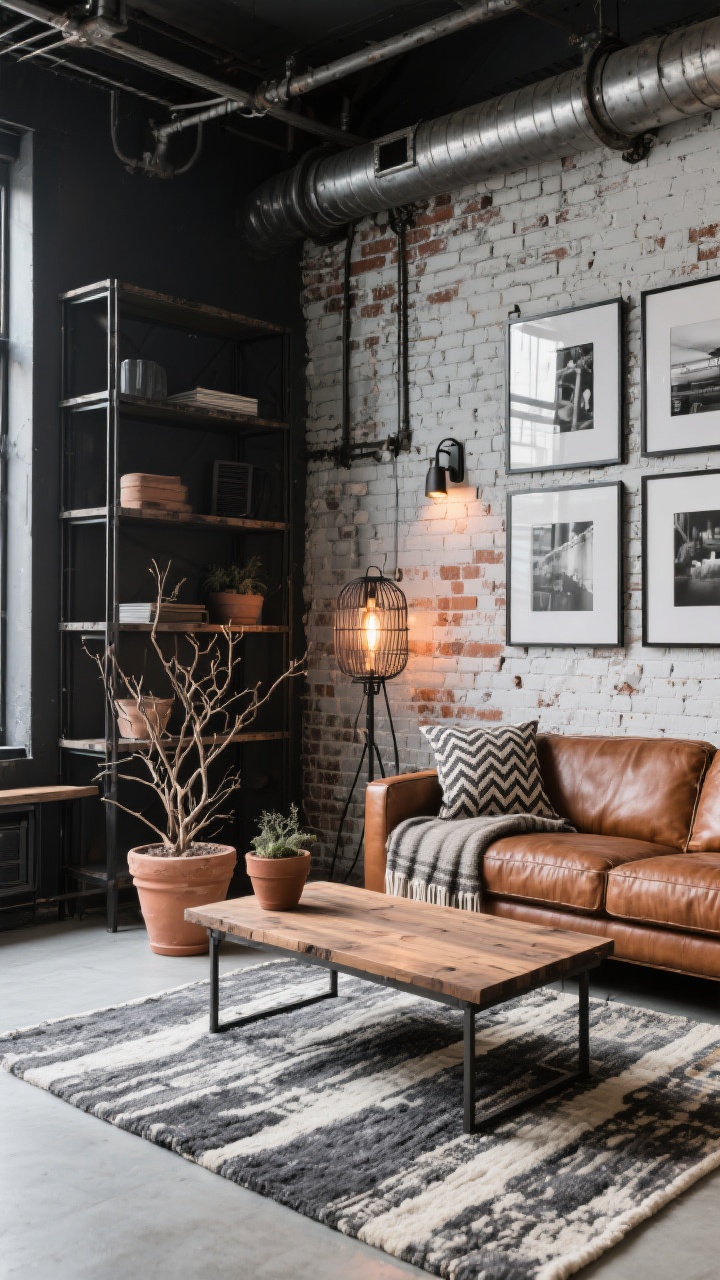 Wide “Urban Industrial Harvest Loft” living area: black metal shelving, reclaimed-wood coffee table, cognac leather sofa; terra-cotta planters with dried branches; exposed brick wall (or peel-and-stick look); factory-style sconces and a caged floor lamp with Edison bulbs for warm glow; grayscale base of charcoal, graphite, and soft gray with rust and tobacco accents; textiles include a herringbone wool throw, striped lumbar pillow, flatweave rug in charcoal and cream; oversized black-and-white photography in metal frames; crisp, masculine yet inviting, photorealistic, no people.