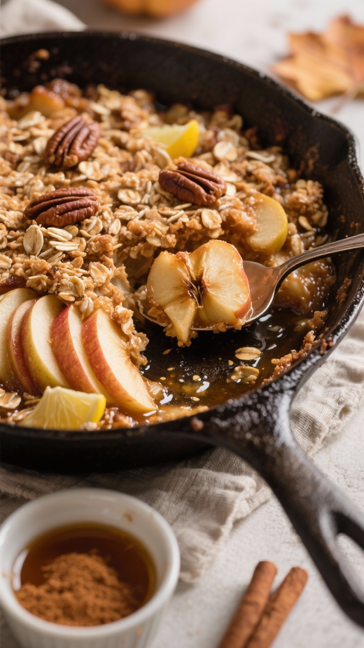 45-degree angle close-up of a brown butter apple crisp in a cast-iron skillet: thick 1/4-inch apple slices tossed with lemon juice, granulated and light brown sugar, cinnamon, and a hint of cardamom peeking beneath a deeply toasted oat–pecan topping; molten juices bubbling around the edges; a spoon breaking into the crunchy top to reveal tender, cinnamon-stained apples; small dish of browned butter and a ramekin of ground cinnamon nearby; cozy fall styling with a linen napkin, soft directional light.