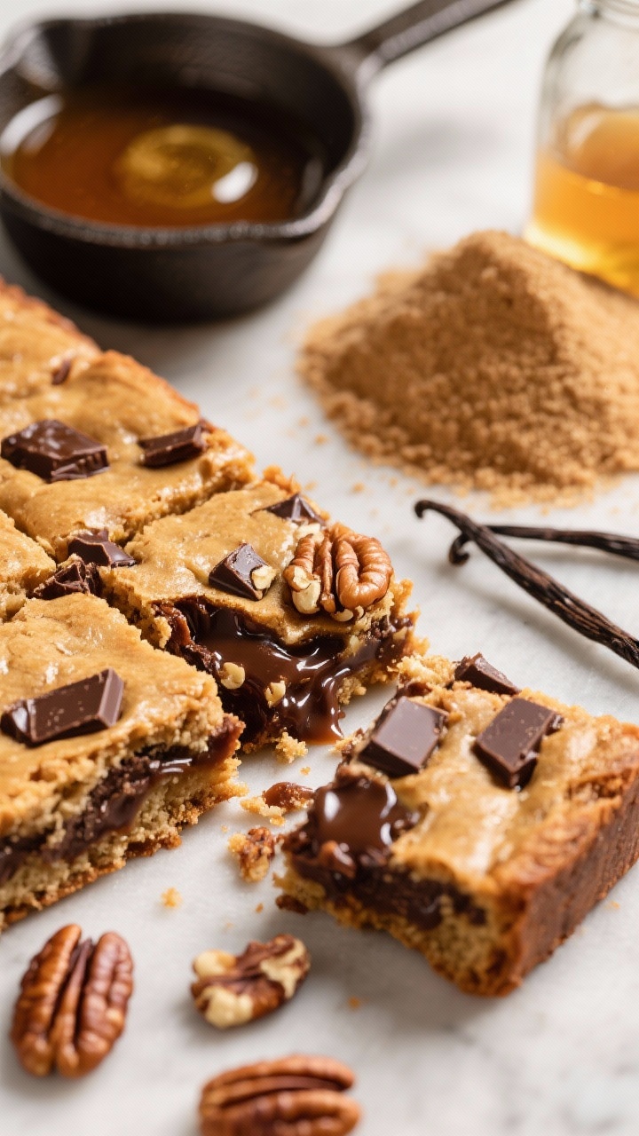 45-degree angle close-up of brown butter pecan blondies studded with glossy dark chocolate chunks, cut into bars with crackly tops. Visible toasted pecan pieces throughout; a small pan of browned butter with nutty milk solids sits nearby along with a mound of packed light brown sugar and a vanilla bottle for context. Warm, rich color palette, gooey interior shown in a broken bar, emphasis on molten chocolate and caramelized edges, professional lighting.