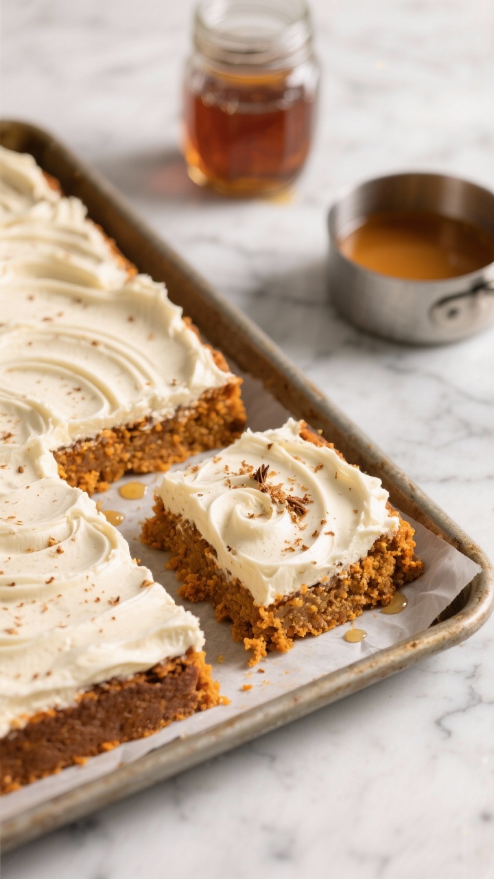 45-degree angle close-up of thick, moist brown butter pumpkin bars on a parchment-lined baking pan, the surface swirled with luscious maple cream cheese frosting; visible browned butter speckles in the crumb, warm orange pumpkin hue, and a silky, off-white frosting sheen; minimal garnish of grated nutmeg and a drizzle of real maple syrup; set on a cool marble slab with a small saucepan of browned butter and a jar of maple syrup in the background for context, soft directional light emphasizing texture.