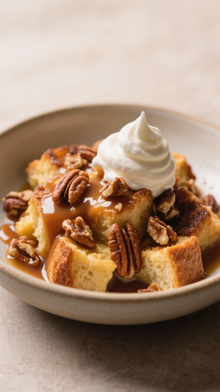 45-degree close-up of caramel pecan bread pudding scooped into a shallow bowl: custardy cubes of day-old brioche/challah soaked with whole milk, heavy cream, eggs, brown sugar, flecked with cinnamon, studded with roughly chopped pecans, draped in glossy caramel sauce; a quenelle of bourbon whipped cream melting on top, pecan pieces scattered, sauce pooling; warm, cozy tones, shallow depth of field emphasizing custard texture and pecan crunch.