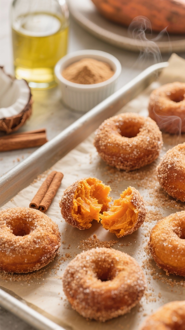 45-degree close-up of Cinnamon Sugar Sweet Potato Donut Holes (baked, not fried): a parchment-lined sheet pan with warm donut holes rolled in sparkling cinnamon sugar, one torn open to reveal moist orange-hued crumb from mashed sweet potato. Props show ingredients: a small bowl of coconut sugar, a bottle of neutral oil, and a ramekin of cinnamon nearby. Gentle backlight catching sugar crystals and steam, emphasizing tender interior and baked golden exterior.