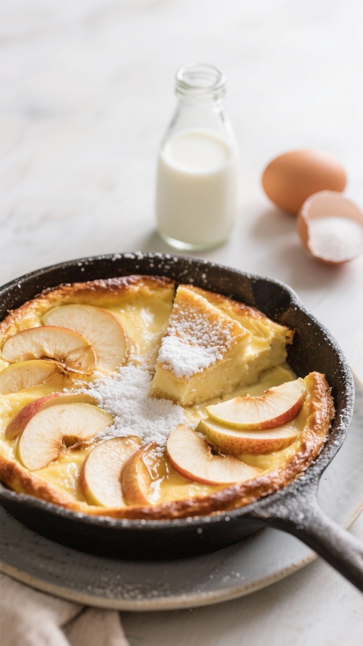 45-degree plated presentation of a skillet French apple clafoutis: custardy, puffed batter set around overlapping slices of peeled, cored apples sautéed in butter, lightly caramelized with granulated sugar and a dusting of cinnamon; edges bronzed, center silky; served in the skillet with a slice lifted onto a small plate, a fine snowfall of powdered sugar, and a pour of whole milk visible in a glass bottle; eggs and sugar in the background for context; elegant yet unfussy, soft morning light.