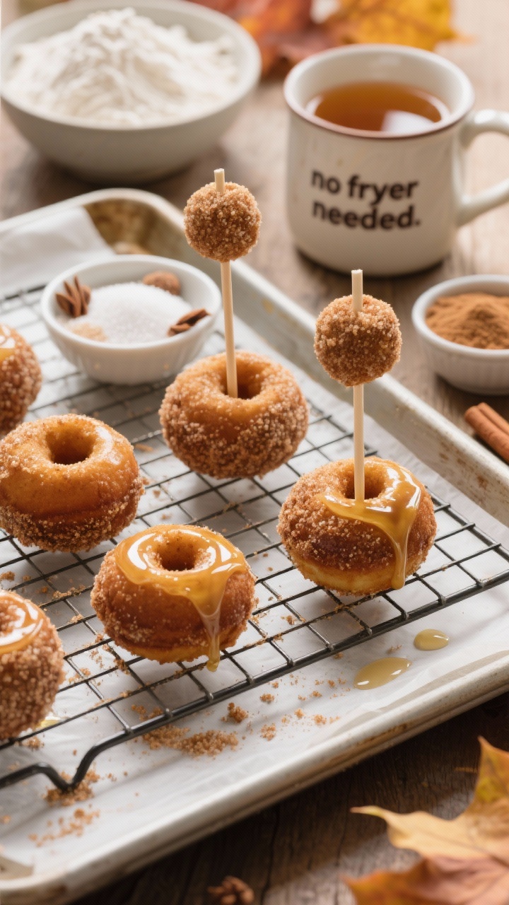 A 45-degree angle scene of baked apple cider doughnut hole cake pops cooling on a wire rack, brushed with melted butter and rolled in a cinnamon–nutmeg sugar coating; show a parchment-lined sheet pan with a small bowl of all-purpose flour, baking powder, baking soda, salt, ground cinnamon, ground nutmeg, granulated sugar, and brown sugar nearby; insert a mug of apple cider and a stick for a couple of pops to highlight “no fryer needed”; cozy fall vibe with shallow depth of field.
